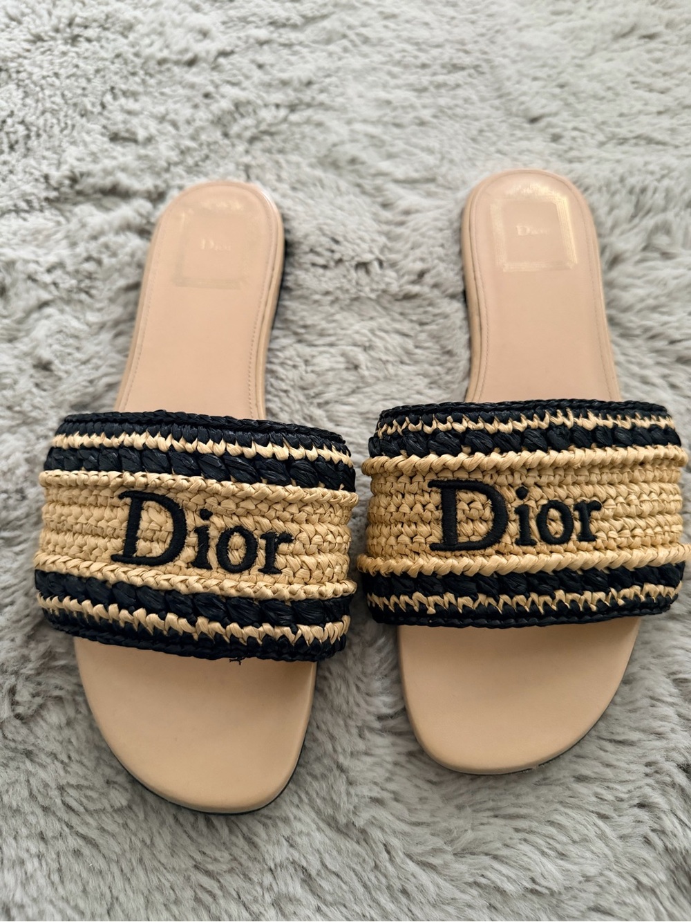 Authentic Christian Dior Dway Raffia Slide Sandals Black Natural Size 38 Made in